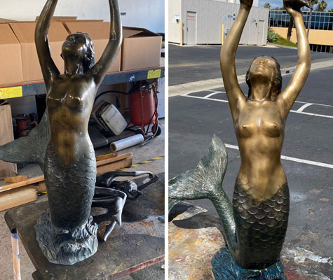 Before and after restoration of a bronze mermaid sculpture, from dull dark patina to a bright golden bronze finish