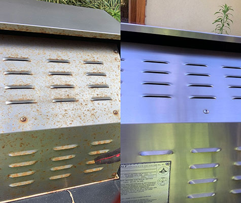Before and after rust removal on a stainless steel outdoor grill cabinet in the Coachella Valley